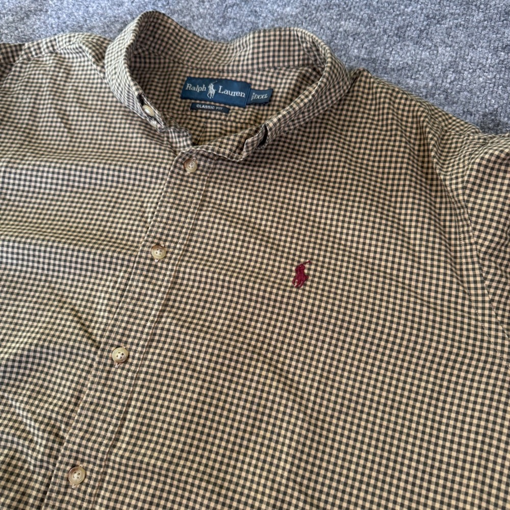 Ralph Lauren Button Down Shirt Mens XXL Gingham Plaid Cotton Classic Fit Brown